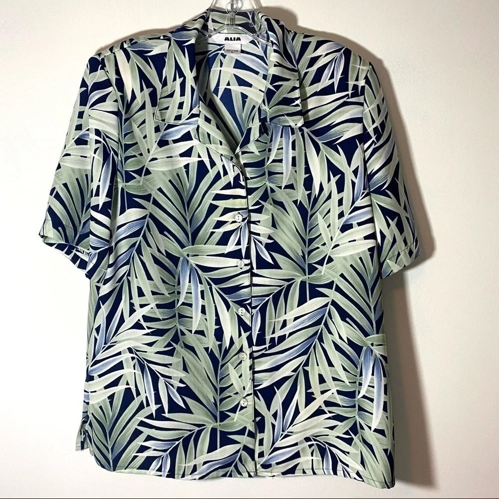 Vintage Alia Tropical Leaf Button Front Blouse Women’s Size 12 Blue Green